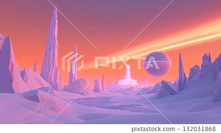 Surreal alien polar landscape with jagged icy spires and geometric snow formations at dusk 132031868