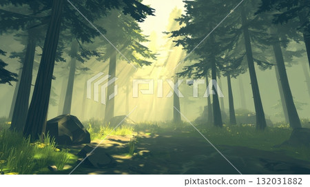Dense forest biome with layered pine trees and sun-dappled undergrowth in a peaceful setting 132031882