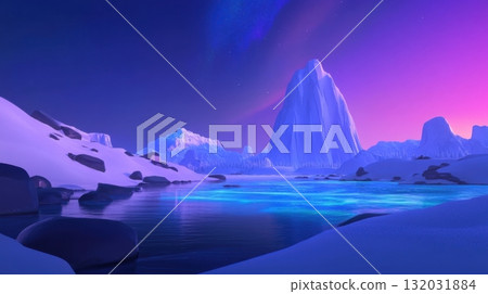 Arctic biome with flat snow plains and towering icebergs in the background under a crisp polar sky Arctic biome with flat snow plains and towering icebergs in the background under a crisp polar sky 132031884