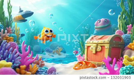 Cartoon-style underwater world with smiling sea creatures, colorful coral shapes, and submarine 132031903