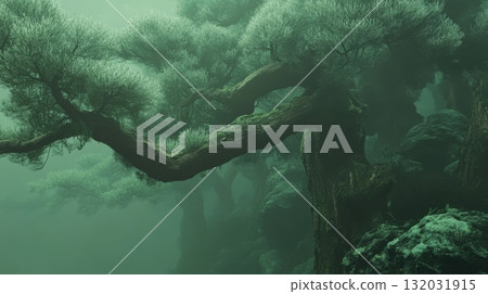 Ancient pine forest with heavy fog and moss-covered trunks creating a pale green glow 132031915