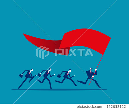 Robot. Artificial intelligence holding flag and running 132032122