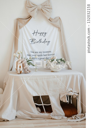 Elegant Birthday Table Setting with Soft Decorations 132032158