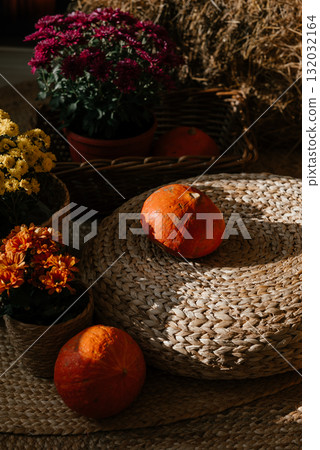 Autumn Harvest Scene with Pumpkins and Flowers Display Autumn Harvest Scene with Pumpkins and Flowers Display 132032164