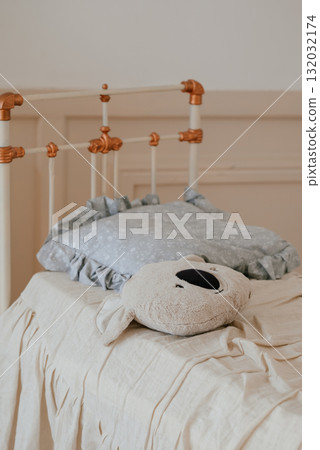 Cozy Bed with Teddy Bear and Ruffled Pillow 132032174