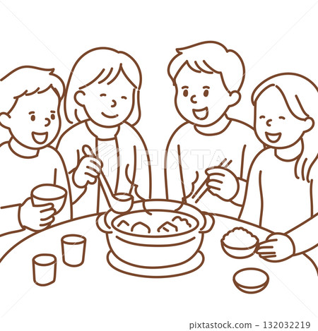 青年男女圍坐在火鍋旁的插圖（僅限線條） 132032219
