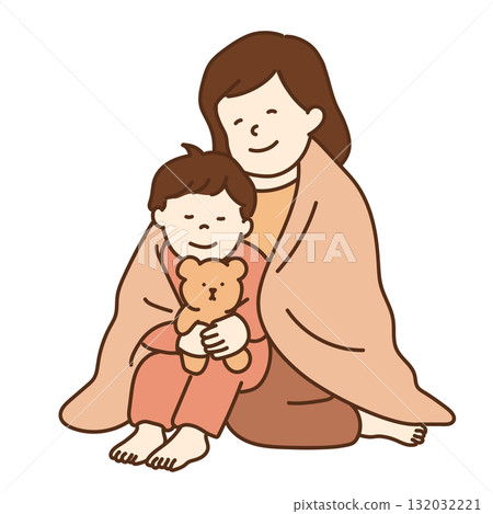 Illustration of a parent and child wrapped in a blanket 132032221