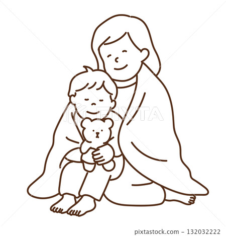 父母和孩子裹著毯子的插圖(僅線條) 父母和孩子裹著毯子的插圖(僅線條) 132032222