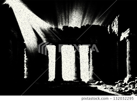 Ancient ruins in sci-fi scene with dotwork retro style. Mysterious gate debris with dramatic lights and retro texture 132032295
