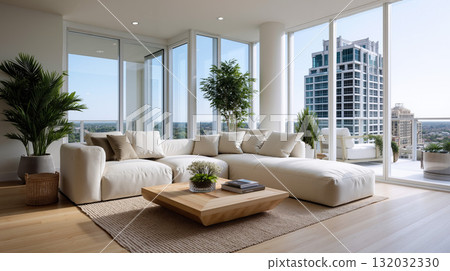 A living room filled with furniture and a large window 132032330