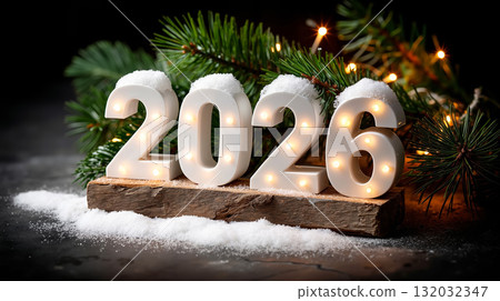 A wooden block with the number 2026 spelled out in snow next to a pine tree A wooden block with the number 2026 spelled out in snow next to a pine tree 132032347