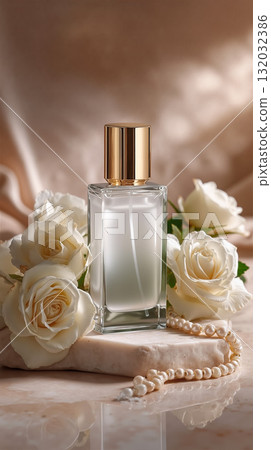 A bottle of perfume sitting on top of a table next to white roses A bottle of perfume sitting on top of a table next to white roses 132032386
