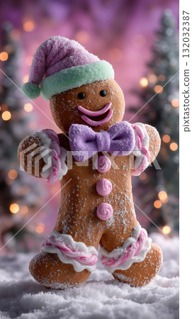 A gingerbread man wearing a pink hat and bow tie in the snow A gingerbread man wearing a pink hat and bow tie in the snow 132032387