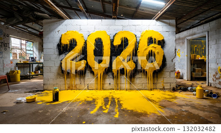 A wall with the word 2026 painted on it in yellow paint A wall with the word 2026 painted on it in yellow paint 132032482
