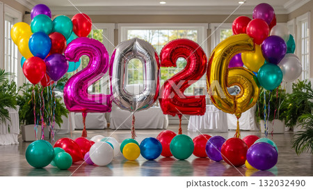 A bunch of balloons with the number 2026 spelled out in balloons A bunch of balloons with the number 2026 spelled out in balloons 132032490