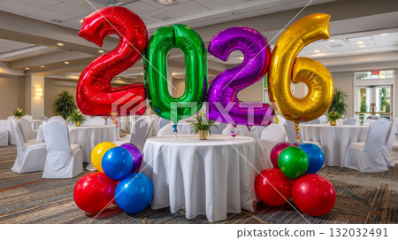 A table with a bunch of balloons in the shape of the number 2026 A table with a bunch of balloons in the shape of the number 2026 132032491
