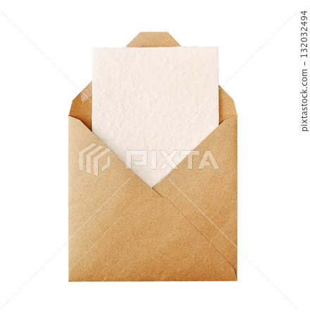 Brown kraft envelope mockup presenting blank textured paper card for personalized message, transparent background Brown kraft envelope mockup presenting blank textured paper card for personalized message, transparent background 132032494