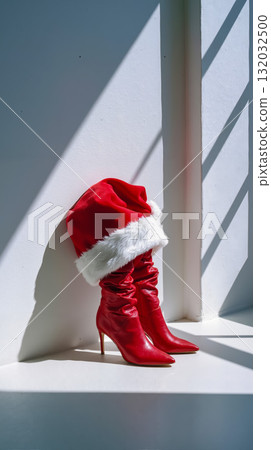 A pair of red boots with a santa hat on top of them 132032500