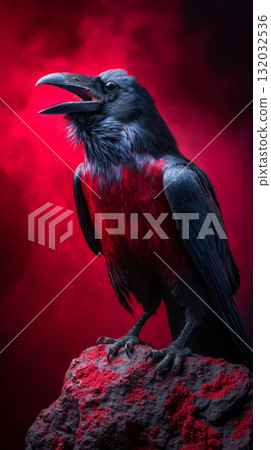 A black bird sitting on top of a red rock A black bird sitting on top of a red rock 132032536