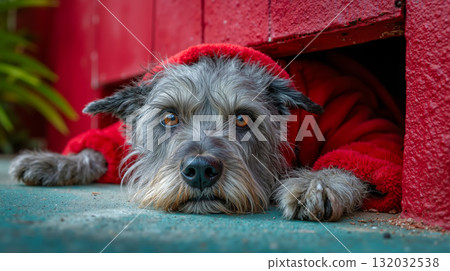 A dog wearing a red santa hat laying on the ground A dog wearing a red santa hat laying on the ground 132032538