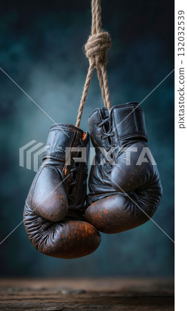 A pair of boxing gloves hanging from a rope 132032539