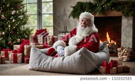 A man dressed as Santa Claus sitting on a bean bag chair in front of a fireplace 132032585