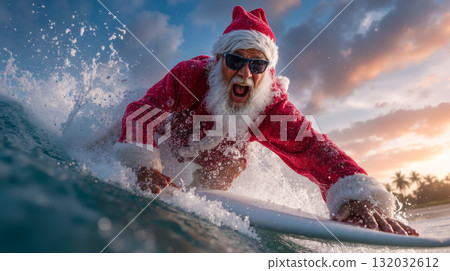 A man in a santa claus suit riding a surfboard on a wave A man in a santa claus suit riding a surfboard on a wave 132032612
