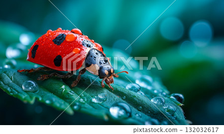 A red ladybug sitting on a green leaf with water droplets 132032617