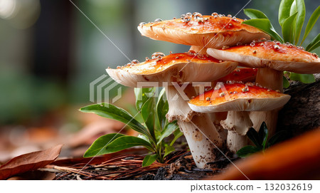 A group of mushrooms sitting on top of a tree stump A group of mushrooms sitting on top of a tree stump 132032619