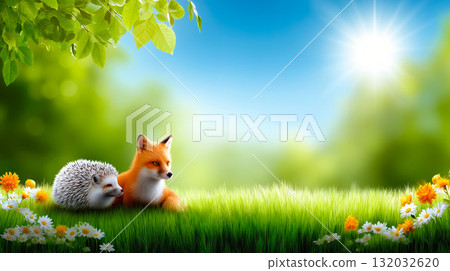 A fox and a hedgehog sitting in a grassy field of flowers 132032620