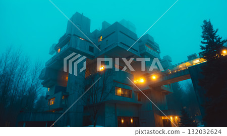 A tall building with a bridge over it at night 132032624