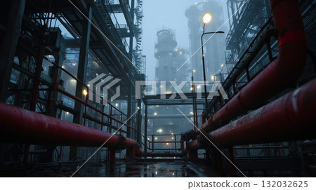 A large industrial area with pipes and lights in the fog A large industrial area with pipes and lights in the fog 132032625