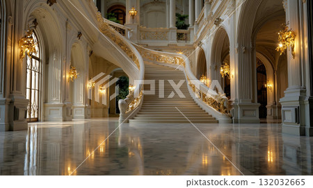 A large marble floor in a large building with a staircase 132032665