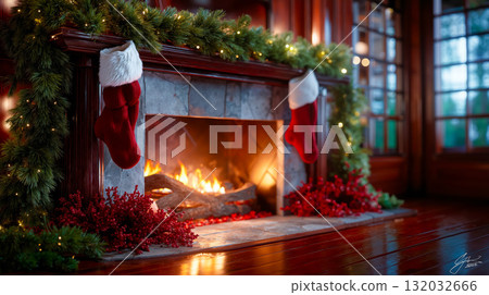 A fireplace with stockings hanging from the mantle in front of a fireplace A fireplace with stockings hanging from the mantle in front of a fireplace 132032666