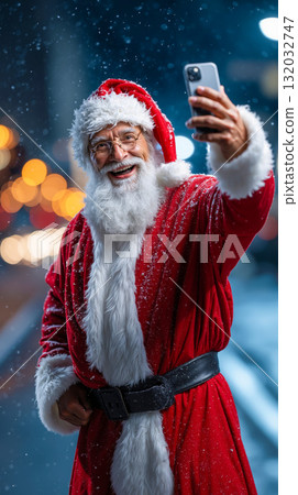 A man dressed as Santa Claus taking a selfie with his cell phone 132032747