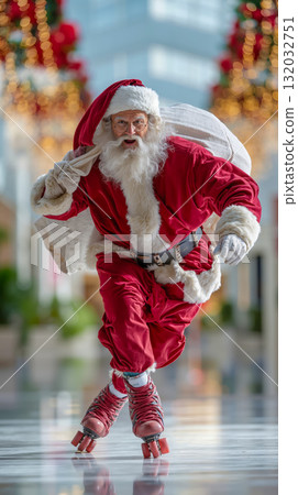 A man dressed as Santa Claus rollerblading down a street with a bag of presents 132032751