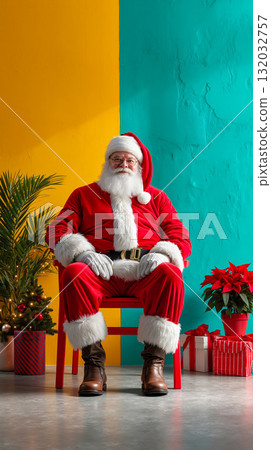 A man dressed as Santa Claus sitting on a chair in front of a colorful wall A man dressed as Santa Claus sitting on a chair in front of a colorful wall 132032757