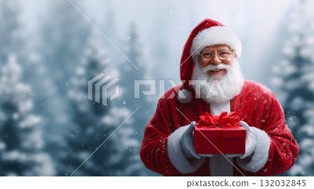 A man dressed as Santa Claus holding a red gift box 132032845