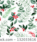 Seamless Christmas pattern. Watercolor print with Christmas plants, fir branches, eucalyptus, and red berries. 132033616