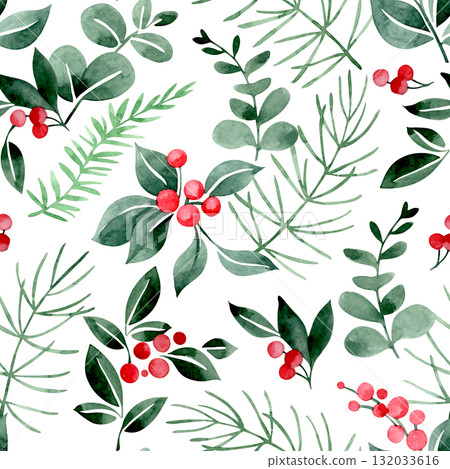 Seamless Christmas pattern. Watercolor print with Christmas plants, fir branches, eucalyptus, and red berries. 132033616