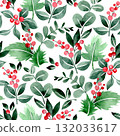Seamless Christmas pattern. Watercolor print with Christmas plants, fir branches, eucalyptus, and red berries. 132033617