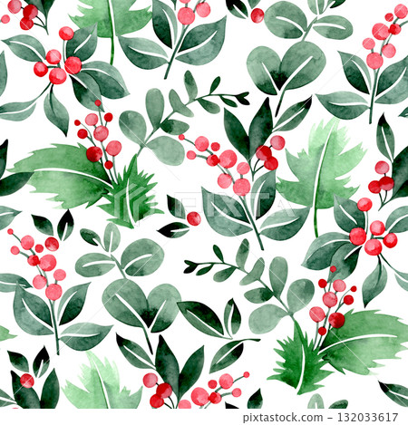 Seamless Christmas pattern. Watercolor print with Christmas plants, fir branches, eucalyptus, and red berries. 132033617