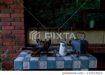 A retro cooking space with striking blue tiles A retro cooking space with striking blue tiles 132033622