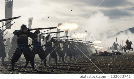 A historical battle. Riflemen line up in order, their matchlocks at the ready. A historical battle. Riflemen line up in order, their matchlocks at the ready. 132033741