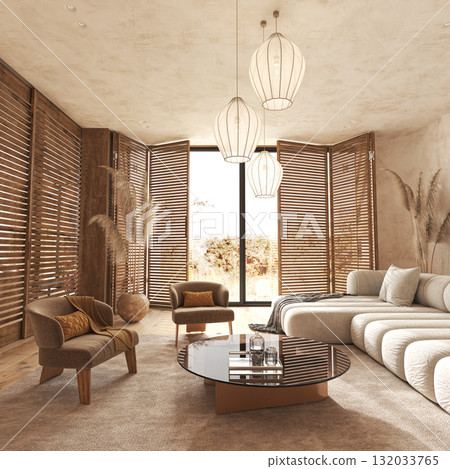 Warm boho living room with wooden shutters 132033765