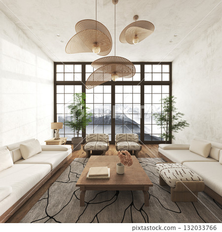 Minimalist living room with panoramic mountain view and woven lighting Minimalist living room with panoramic mountain view and woven lighting 132033766