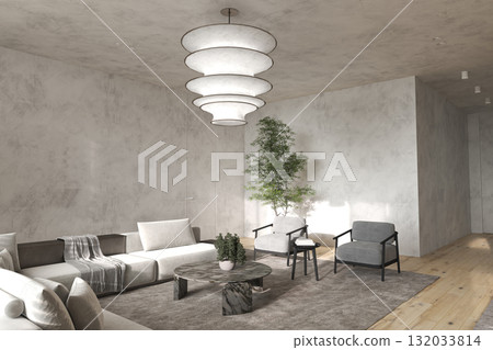 Minimalist lounge with sculptural pendant light 132033814