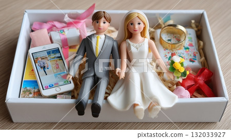 Wedding Gift Box with Bride and Groom Figurines, Rings, and Accessories	 132033927