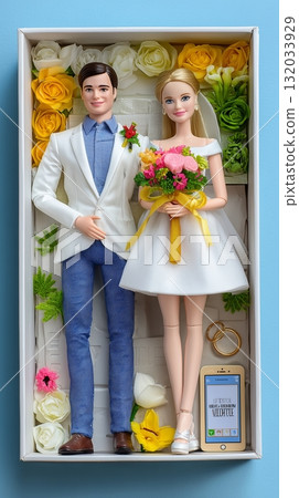 Wedding Gift Box with Bride and Groom Figurines, Rings, and Accessories	 132033929