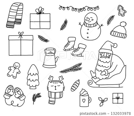 Set of hand drawn Christmas doodle elements including Santa Claus, gifts, snowman, winter clothes and holiday decor. Cute outline vector illustration for festive design, cards, posters and wrapping Set of hand drawn Christmas doodle elements including Santa Claus, gifts, snowman, winter clothes and holiday decor. Cute outline vector illustration for festive design, cards, posters and wrapping 132033978